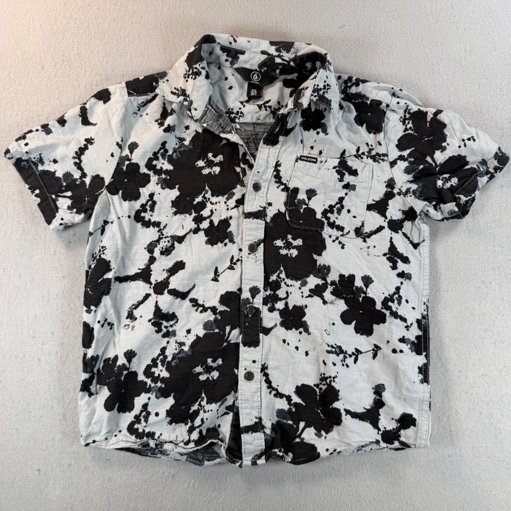 Volcom Kids Boys Medium Black White Floral Splash Short Sleeve Button Down Shirt